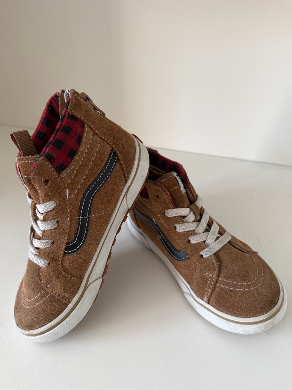 Vans Kids Brown Suede High-Top Sneakers with Red Plaid Collar